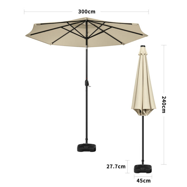 Beige 3m Patio Garden Parasol Sun Umbrella Sunshade Canopy With Solar LED Lights