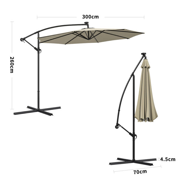 Beige 3m Iron Banana Umbrella Cantilever Garden Parasols with LED Lights