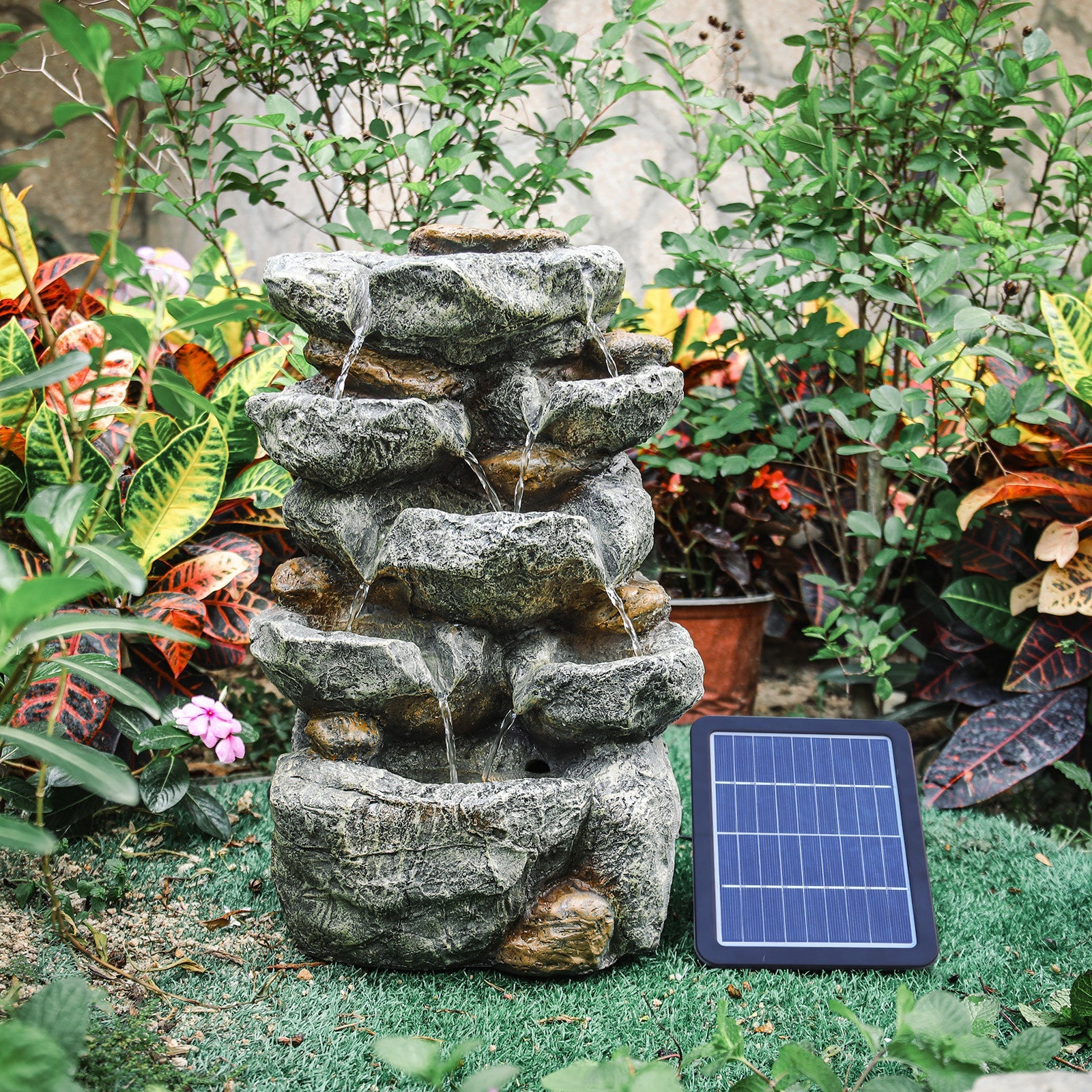 49cm Height Solar Power Garden Water Feature Cascading LED Rockfall